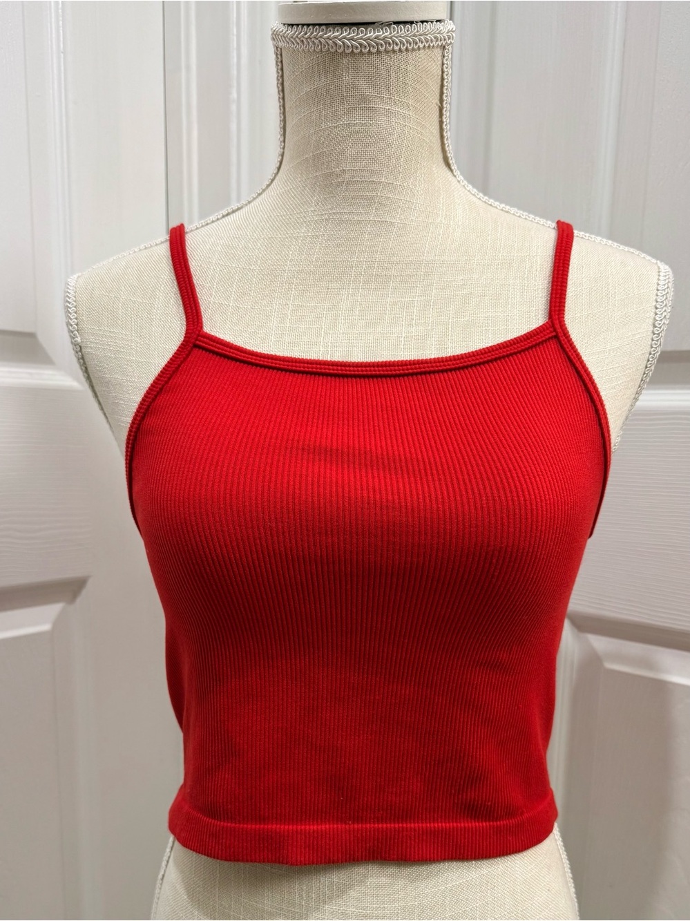 Medium Red Ribbed Cropped Tank Top Spaghetti Strap Soft Stretch Recycled Nylon
